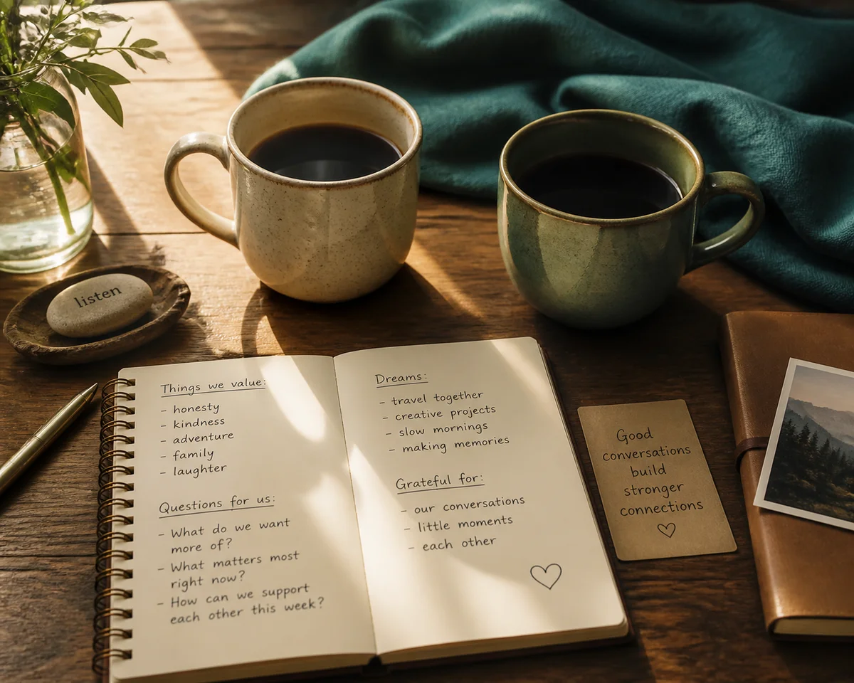 Two coffee cups and a journal on a wooden table in morning light, representing a couple's reflective conversation about ENM dating
