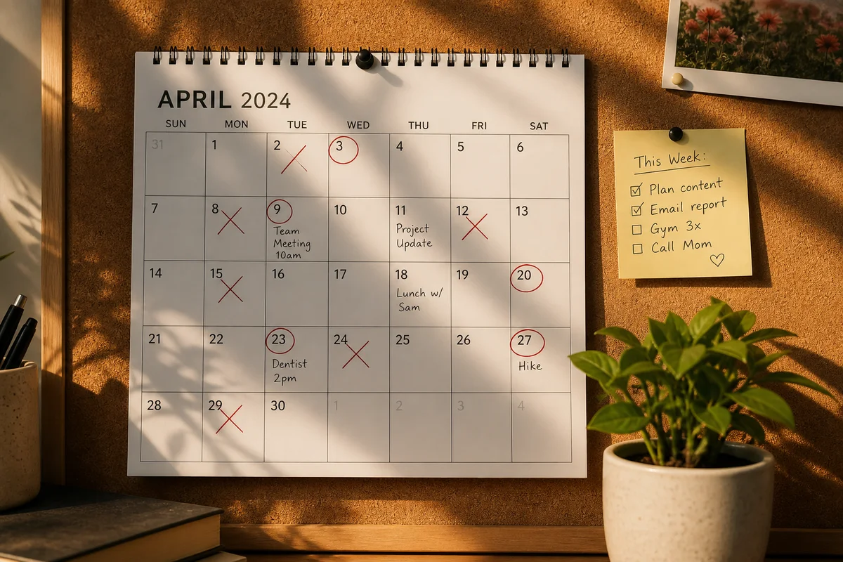 Wall calendar with circled and crossed-out dates pinned to a corkboard with sticky notes, representing scheduling awareness in ENM