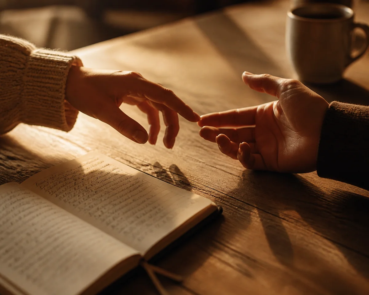 Two hands nearly touching across a table with soft golden light, symbolizing a couple reconnecting and having an honest check-in