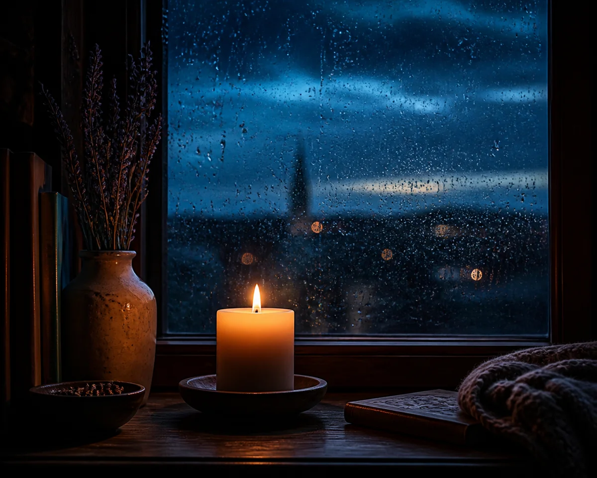 A lit candle on a rainy windowsill at dusk, representing quiet reflection and rest during an ENM pause