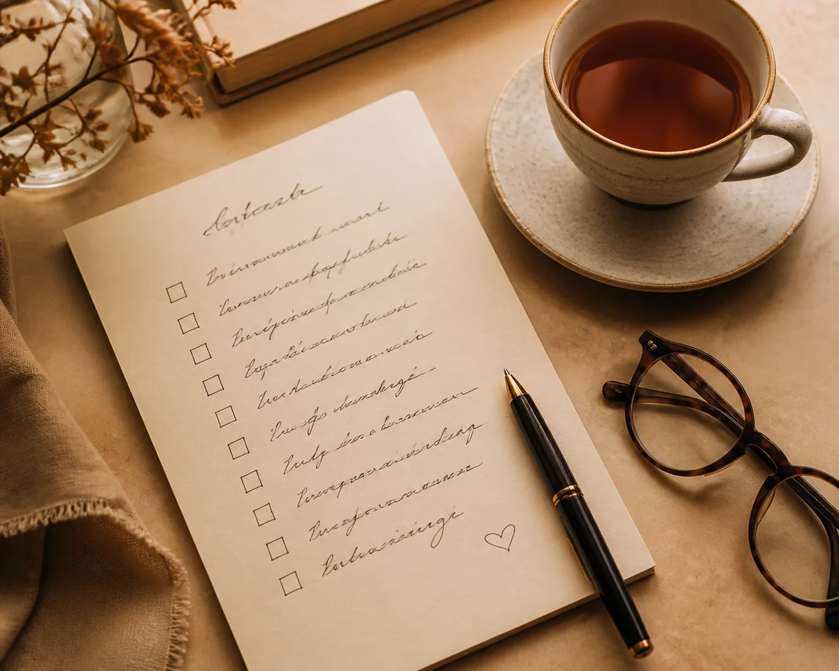 Handwritten checklist on cream paper with tea and glasses, representing intentional self-assessment before resuming ENM dating