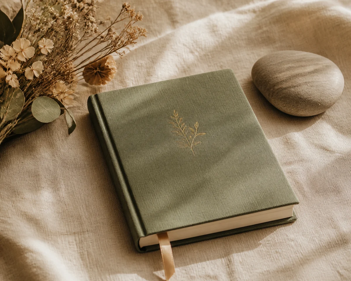 Closed journal with ribbon bookmark, dried flowers, and river stone on linen fabric, symbolizing closure and clarity after a pause decision