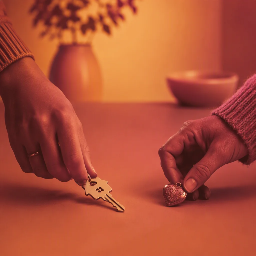 Warm-toned photo of hands placing a house key and a small keepsake on a table, representing different levels of entanglement