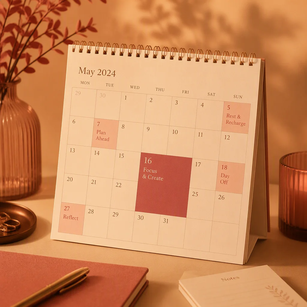 Warm-toned photo of a calendar with one large highlighted block and smaller blocks, representing time allocation