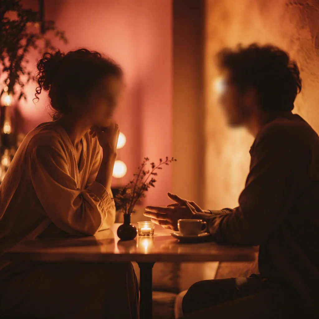 Warm-toned photo of two people in a close conversation across a table, representing an honest check-in