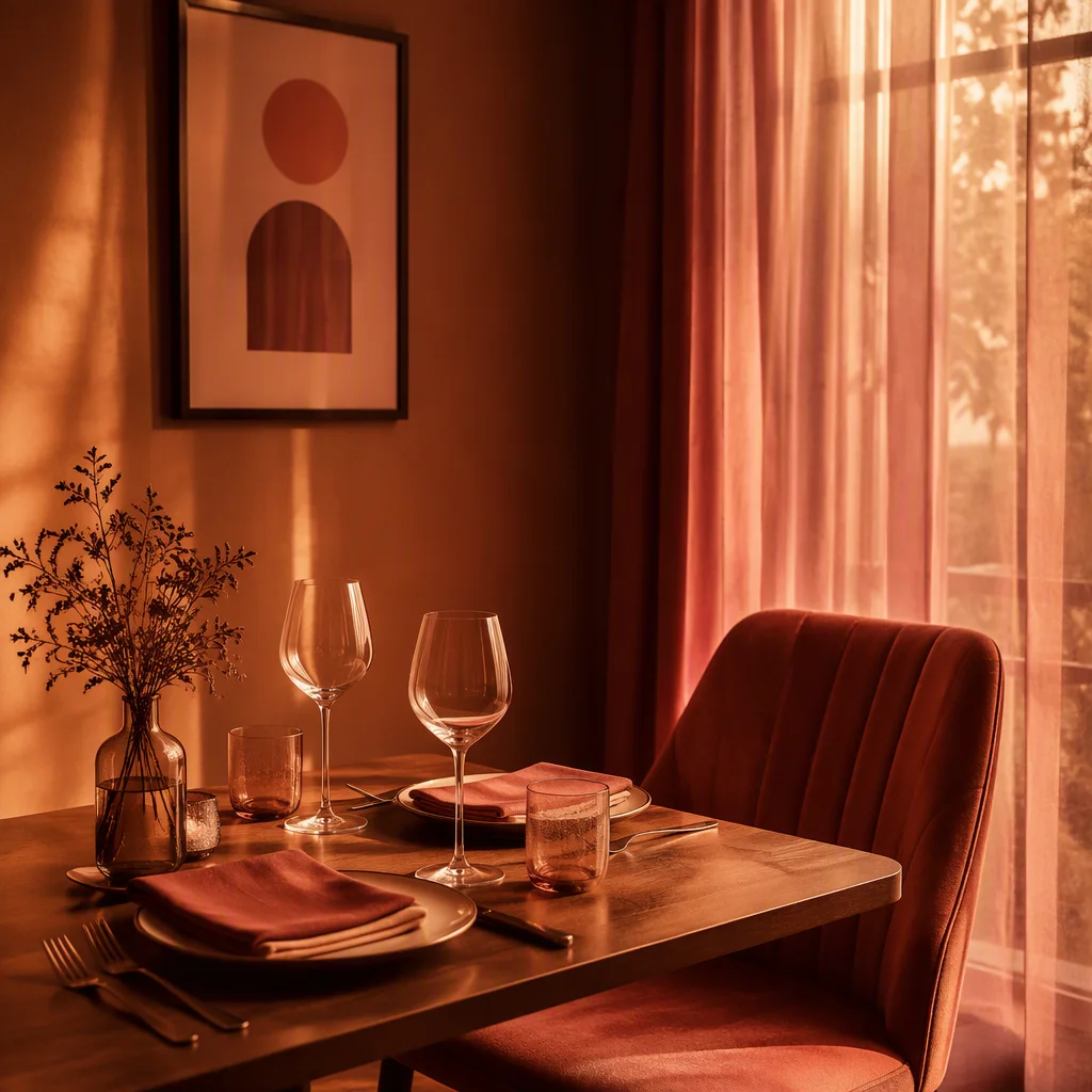 Warm-toned photo of a table set with two places and one empty chair, representing absence and limits