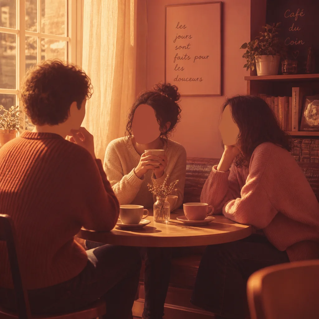 Three people having an open conversation over coffee in a warmly lit cafe corner