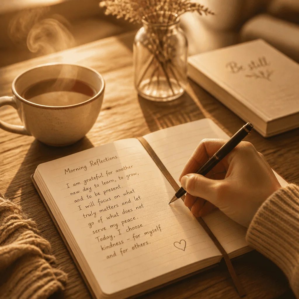 A hand journaling at a wooden desk in soft morning light with a cup of tea