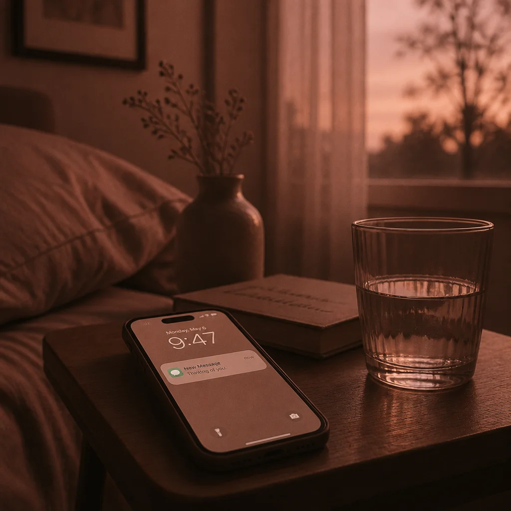 A phone with a message notification on a bedside table in dim evening light