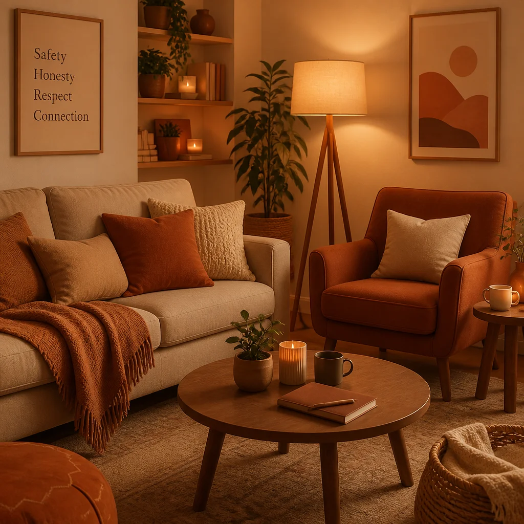 A cozy living room arranged for conversation with a sofa and armchair in warm light