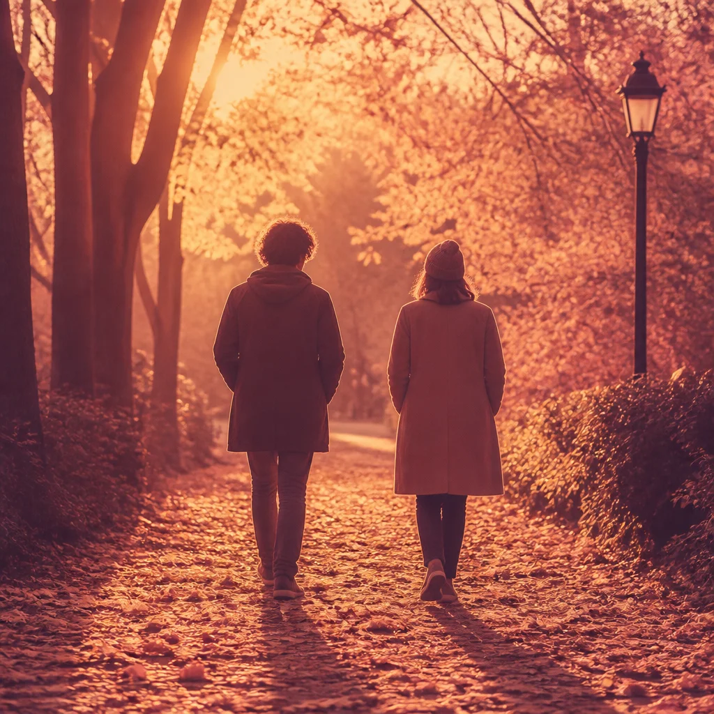 Two people walking together on a park path in golden hour light