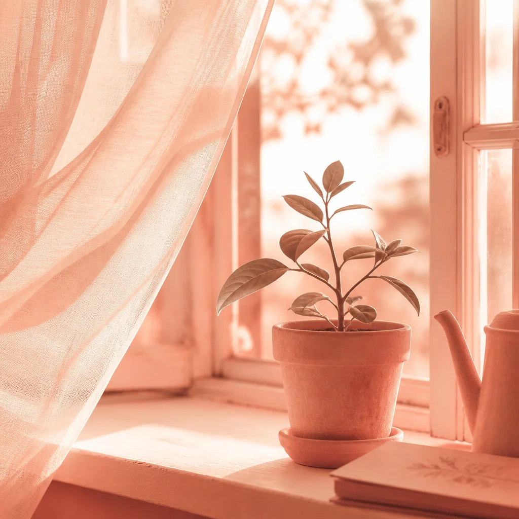 A thriving potted plant on a sunlit windowsill with morning light