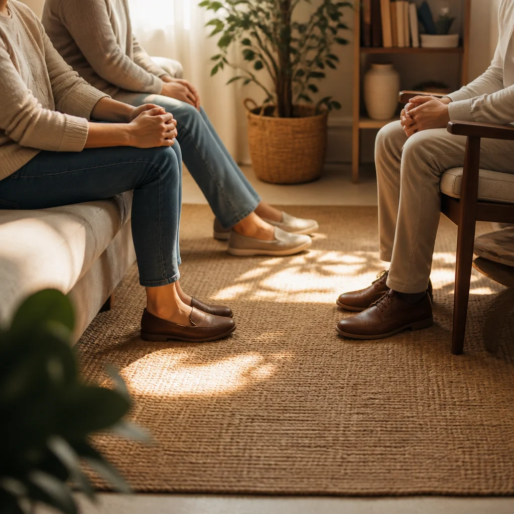 Warm lifestyle photo of a gentle hand touching someone's shoulder, soft focus, caring gesture in golden hour light