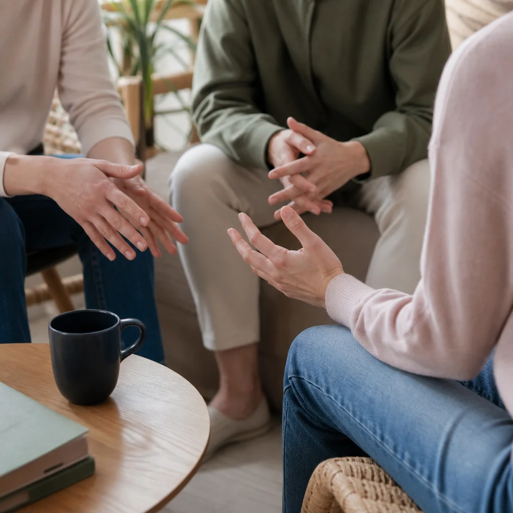 Lifestyle photo of three people sitting comfortably in a living room, one person's hand gently resting on another's arm, warm natural lighting, relaxed atmosphere