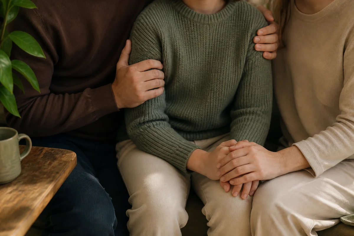 Editorial lifestyle photo showing two people making comfortable eye contact, soft window light, close crop on relaxed expressions and open posture