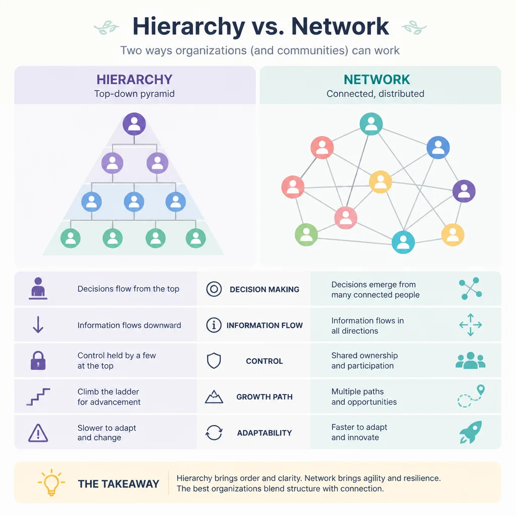 Hierarchy pyramid contrasted with a flat network of connected dots