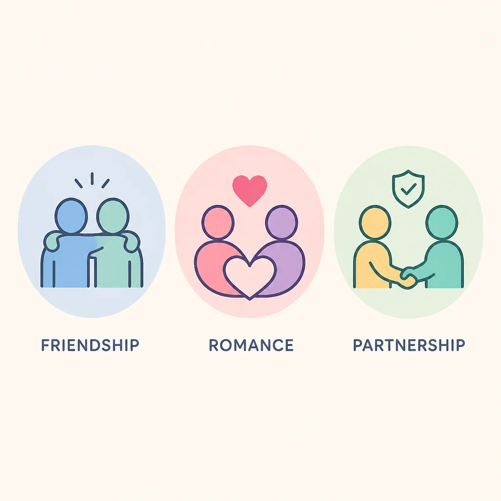 Equal-sized icons for friendship, romance, and partnership on a level row