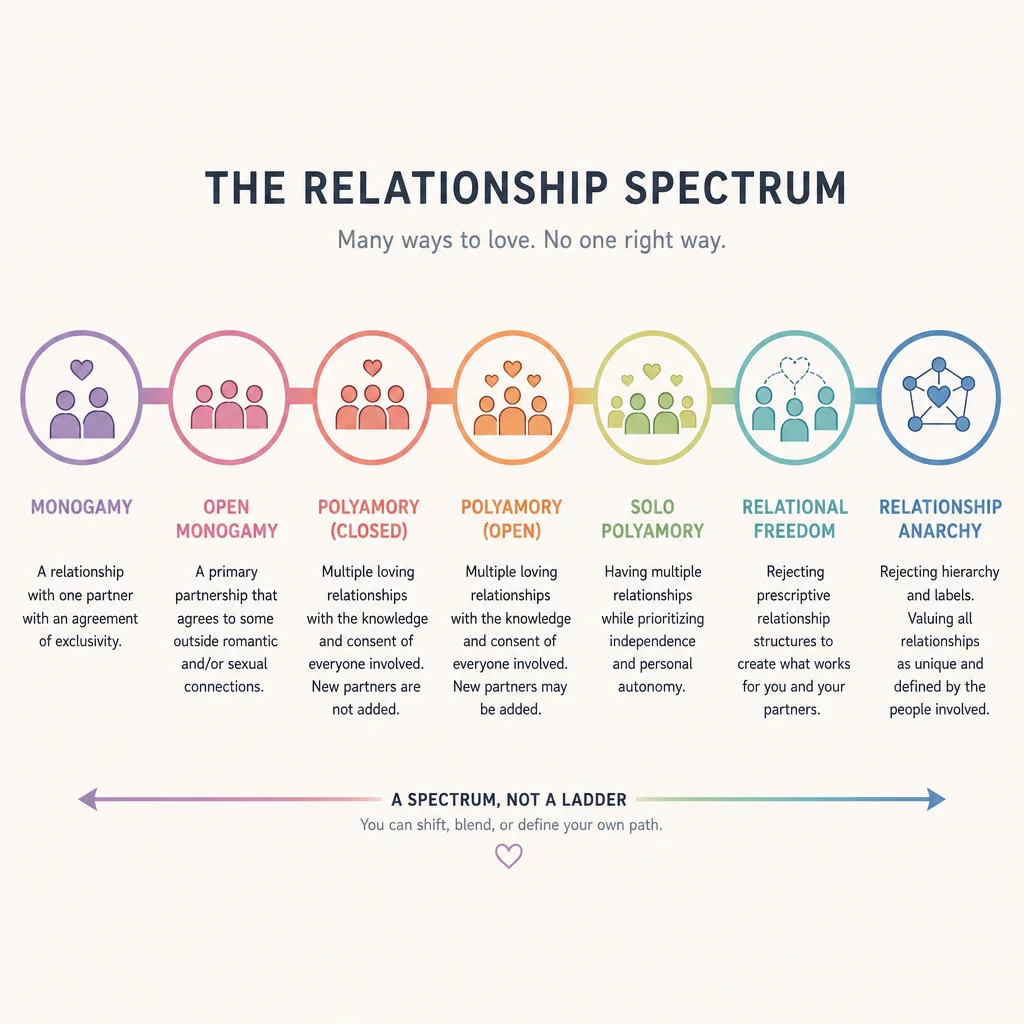 Spectrum from monogamy to polyamory to relationship anarchy