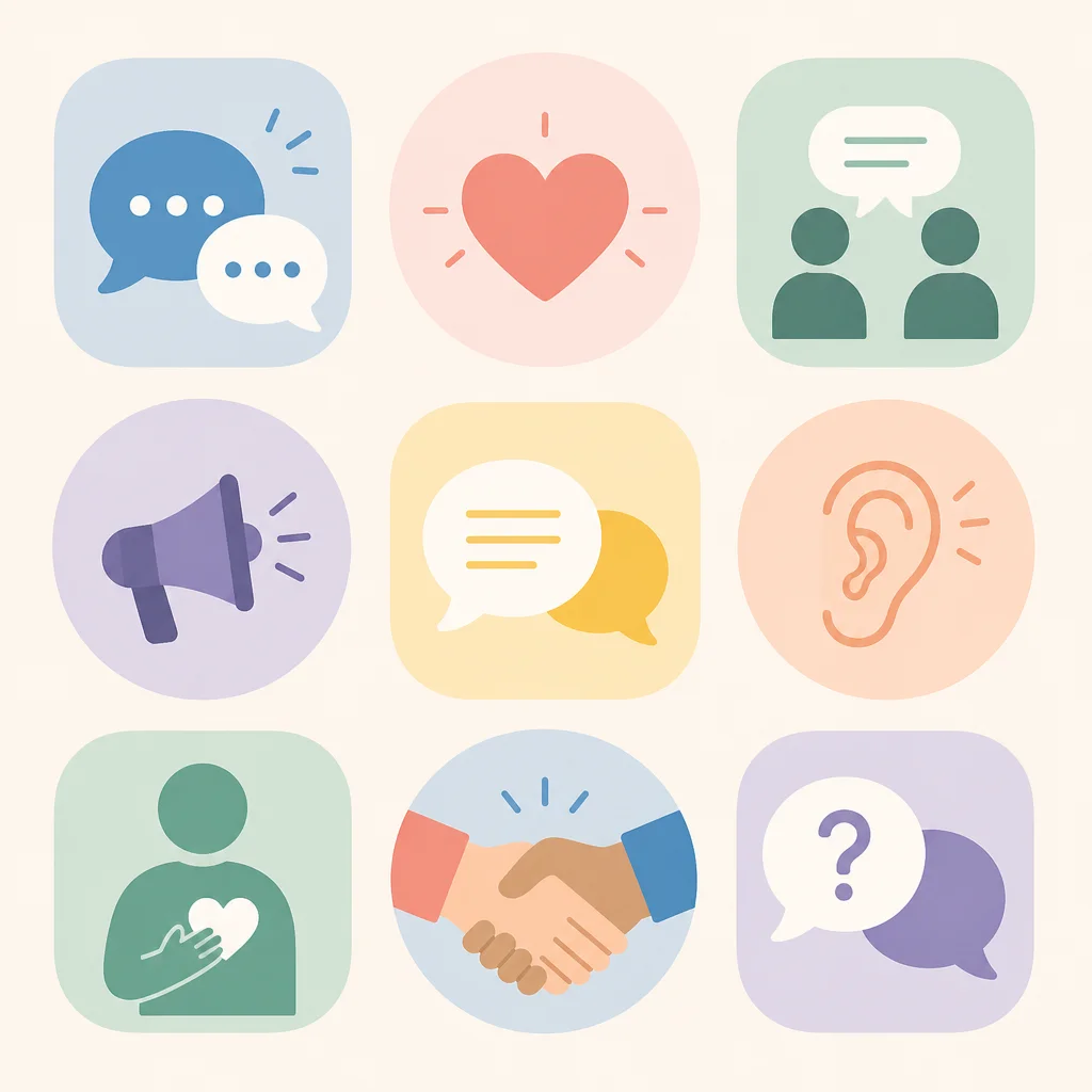 Grid of communication icons: speech bubbles, heart, and hands