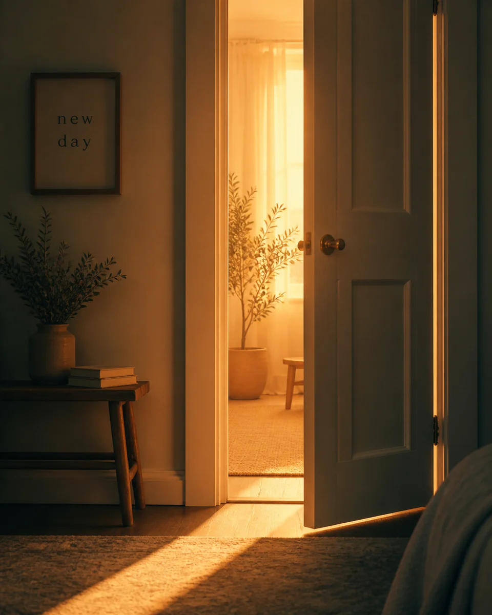 A slightly open door with warm golden light streaming through, representing the transition back into ENM dating after a pause