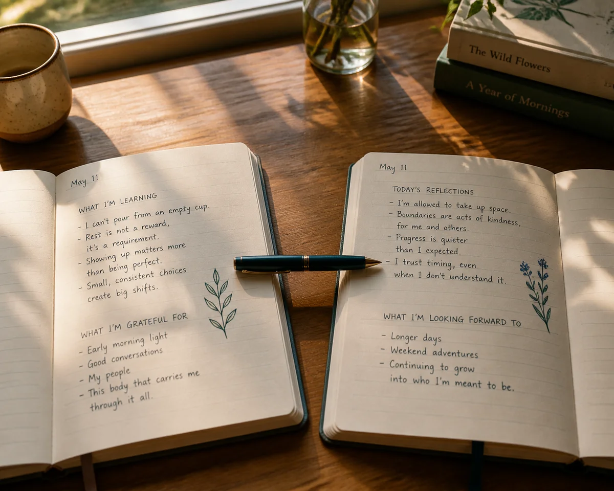 Two open notebooks side by side with a shared pen, representing a couple comparing their reflections before resuming ENM dating