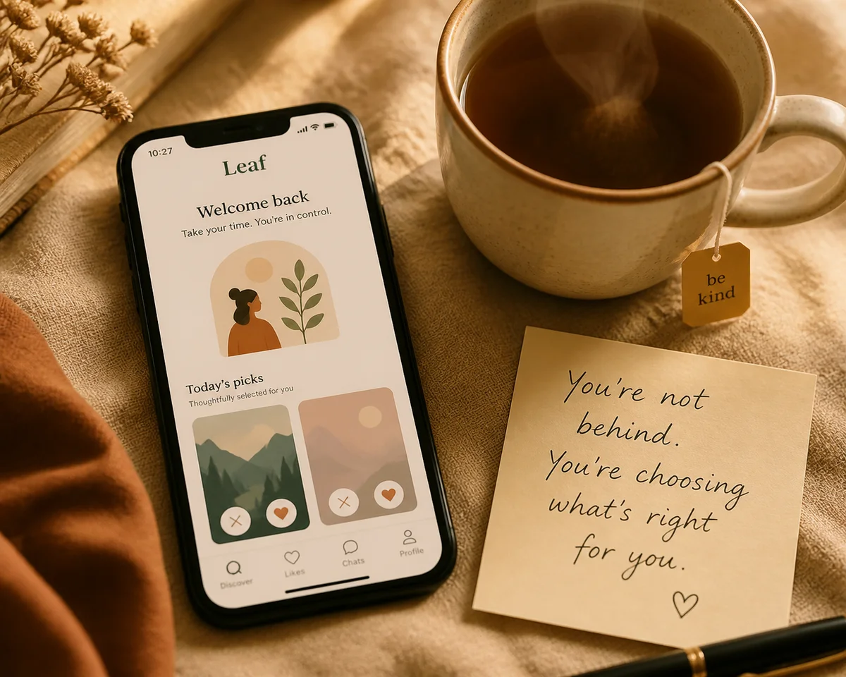 Smartphone with dating app on screen beside tea and a handwritten note, representing mindful re-entry into ENM dating apps