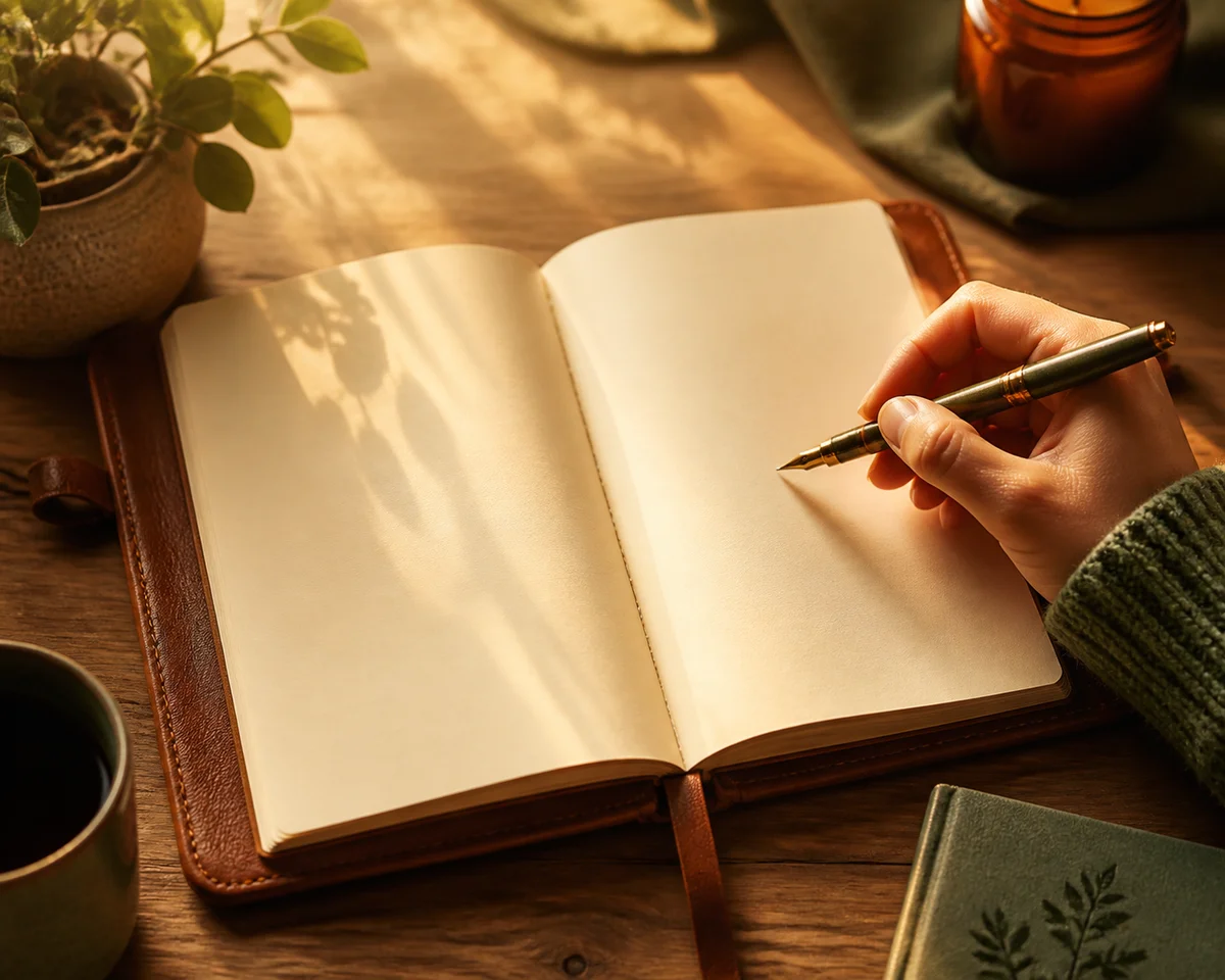 Open journal with pen ready to write in golden light, representing writing updated ENM agreements after a break