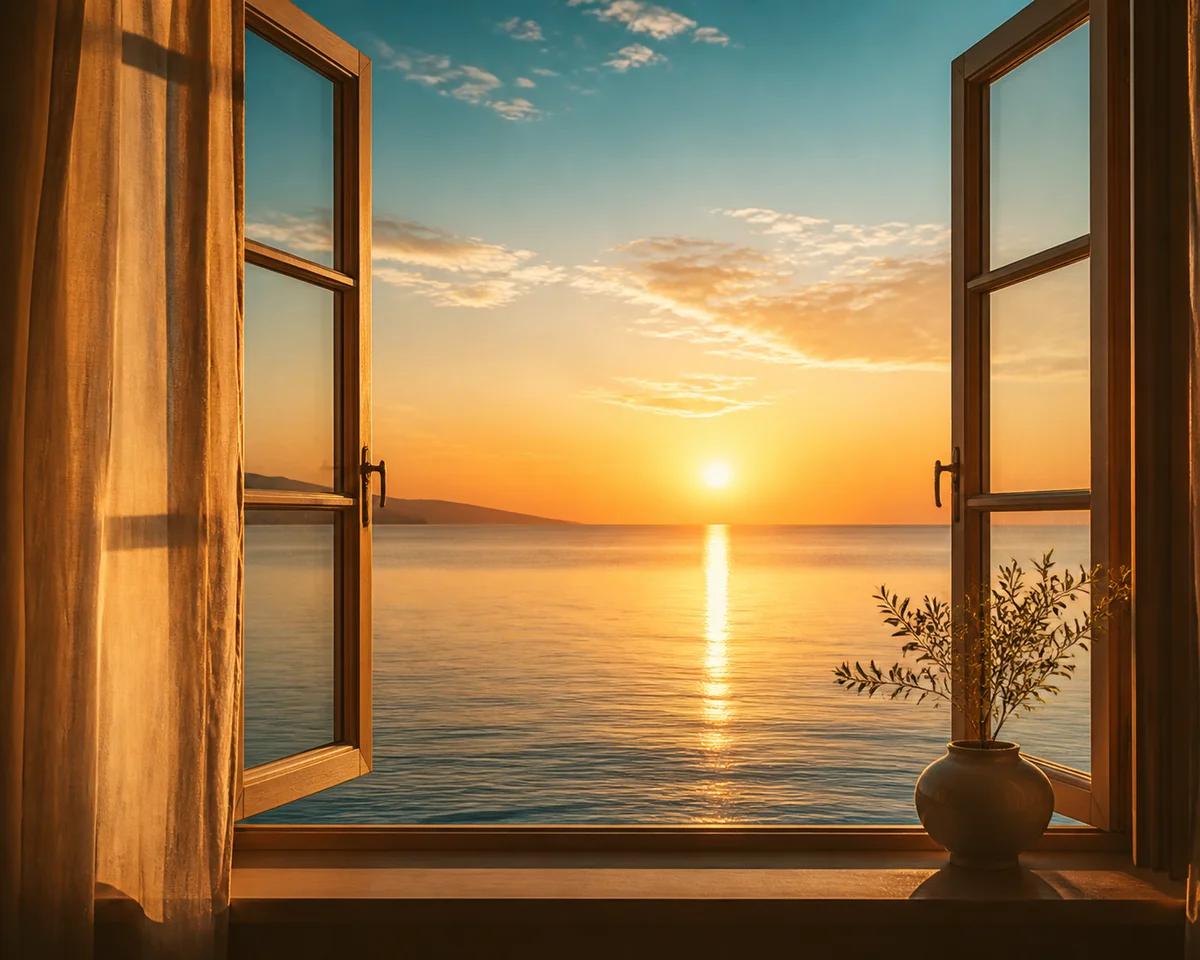 Sunrise over calm water through a window, symbolizing a fresh start and renewed clarity in ENM dating after a pause