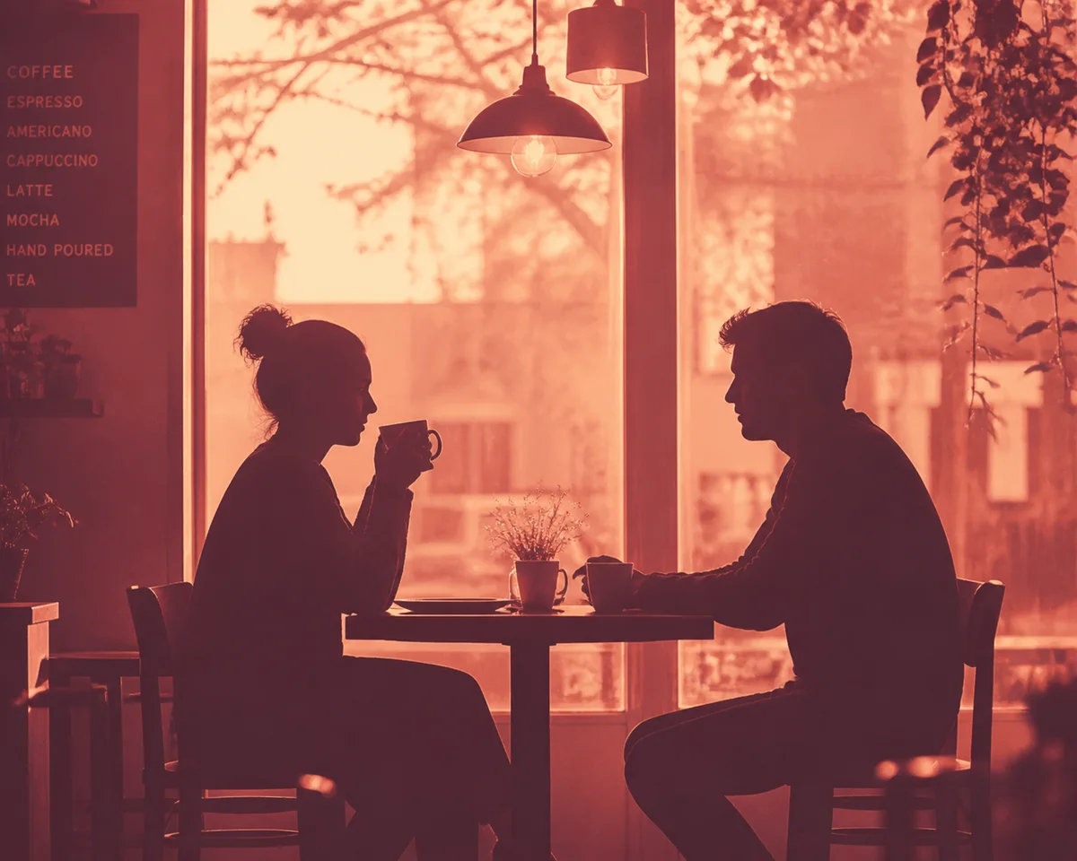 Two people sitting across from each other in a warm coffee shop, engaged in conversation