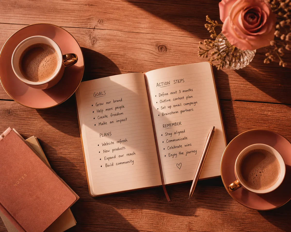 Coffee cups and notebook on a table, symbolizing partnership and planning