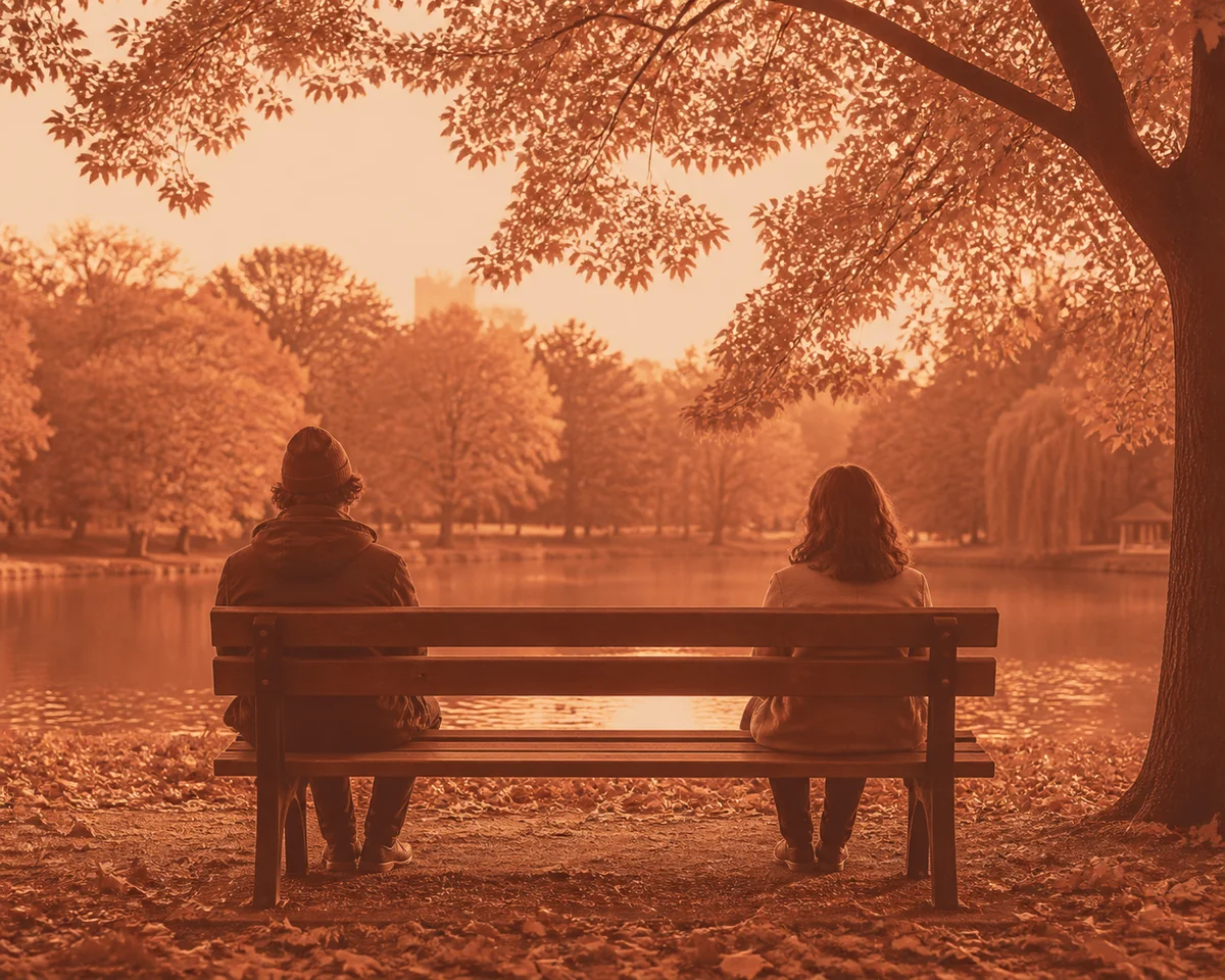 Two figures on a park bench in autumn light, reflecting a peaceful check-in setting