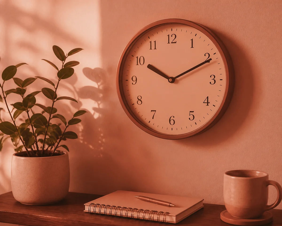 Clock and notebook on a shelf, representing consistent check-in routines