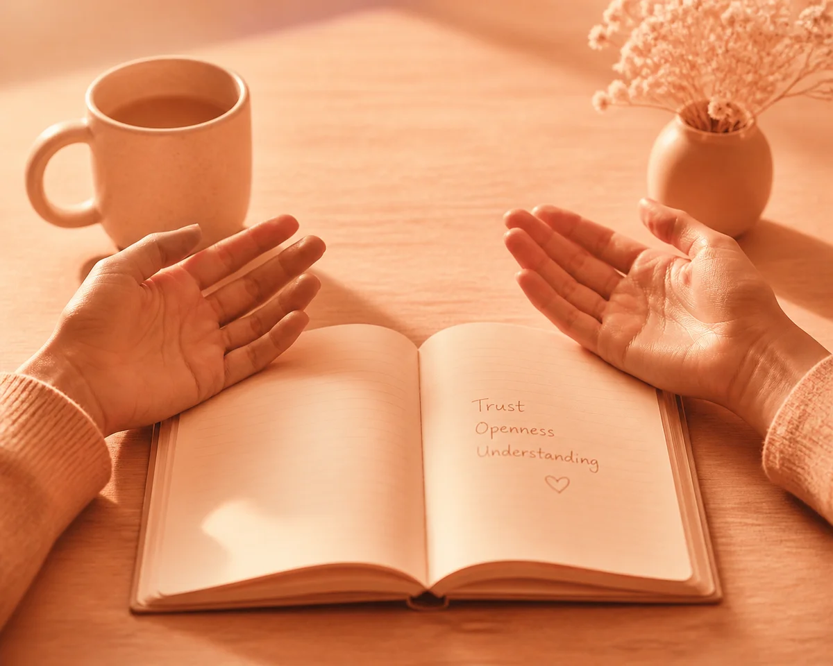 Two hands resting on a table with an open notebook between them, trust and openness