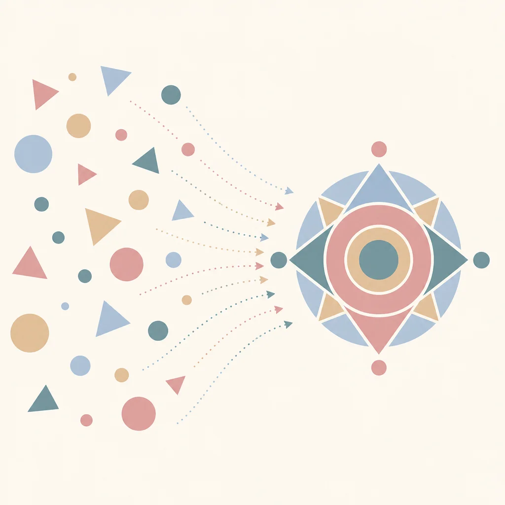 Geometric pattern showing scattered shapes gradually aligning into focused form
