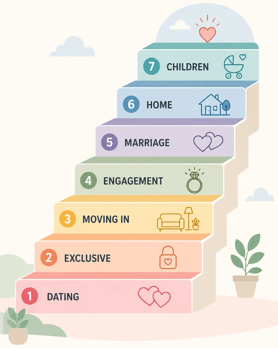 Infographic staircase diagram of the relationship escalator's typical steps
