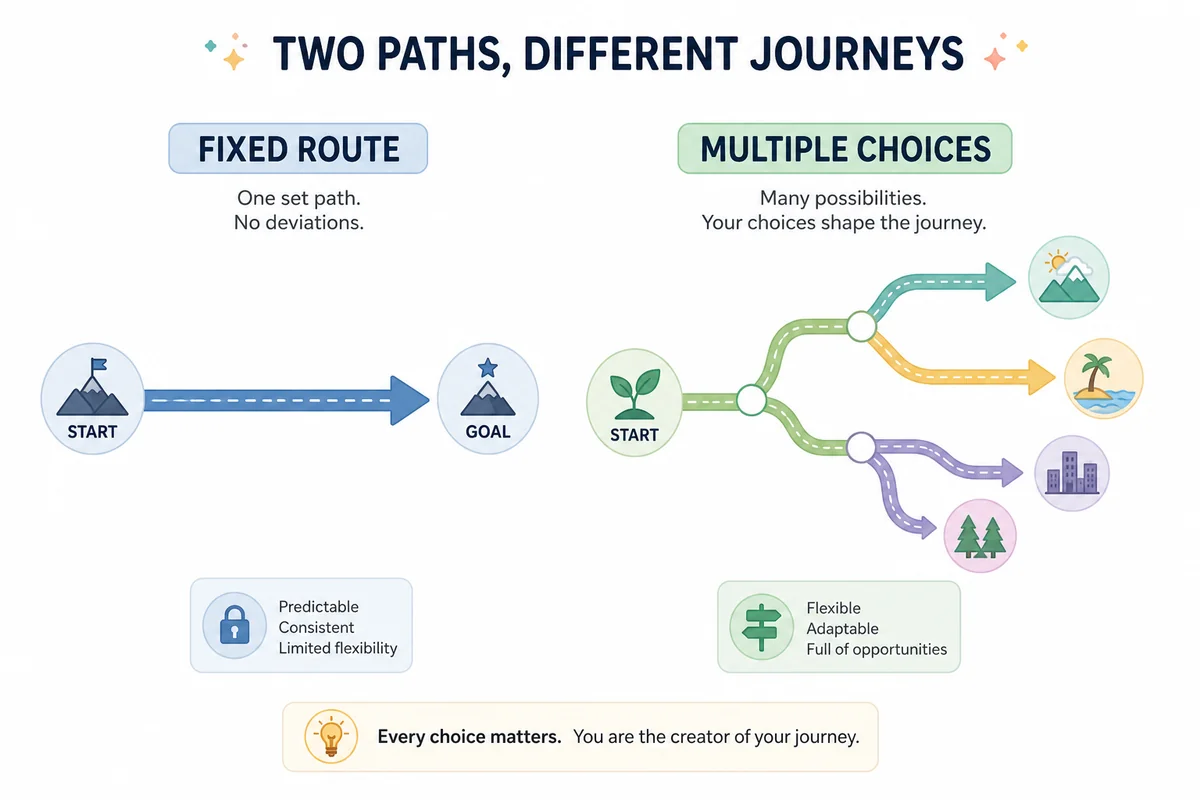 Infographic of two diverging paths symbolizing the fixed escalator versus a chosen path