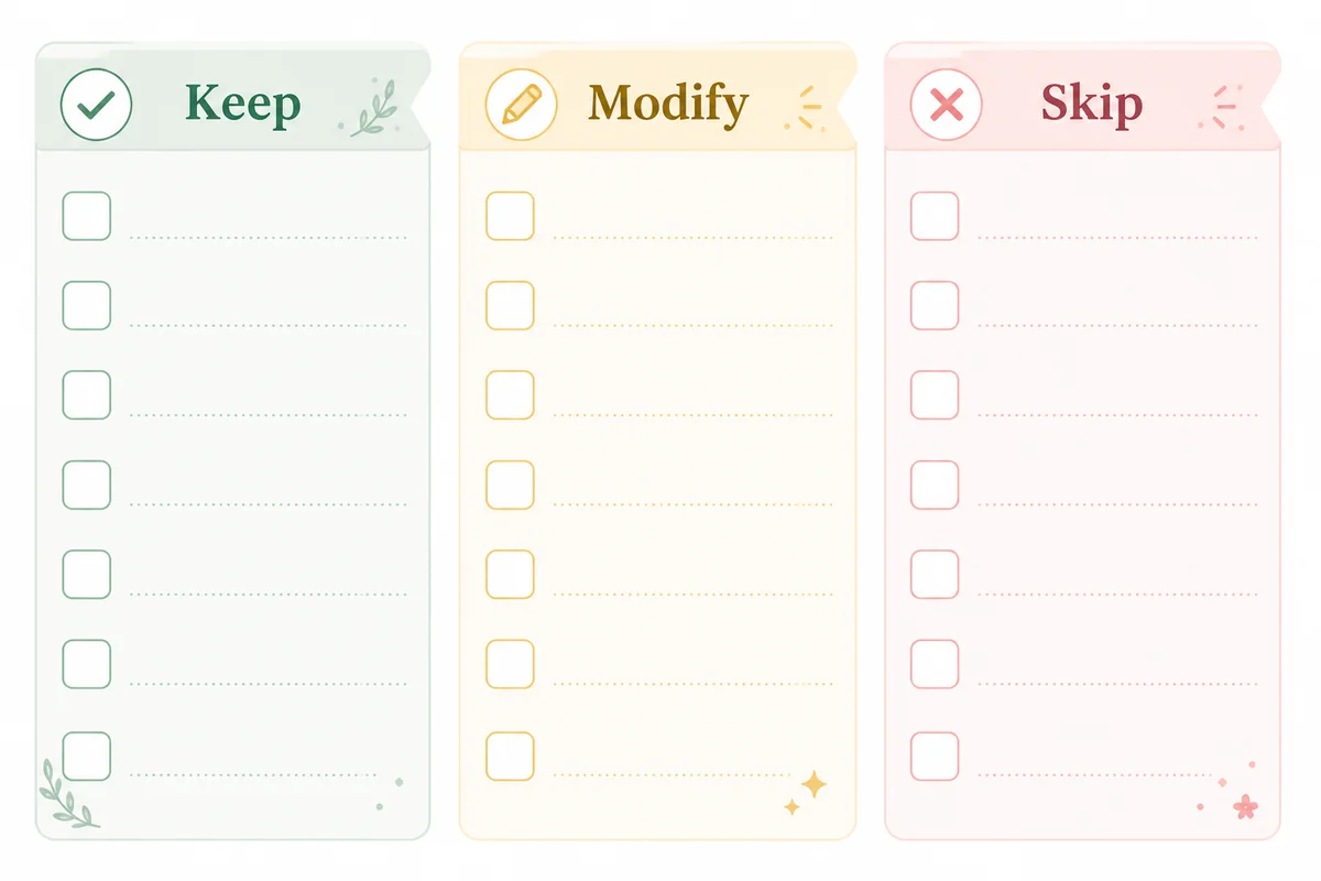 Infographic worksheet with Keep, Modify, and Skip columns for relationship rungs