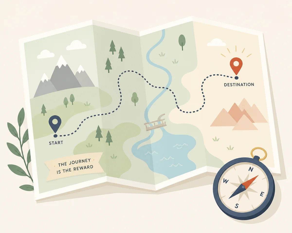 Infographic of an open map with a dotted custom route and compass