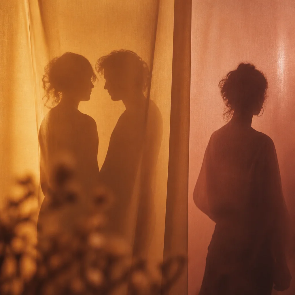 Abstract warm-toned silhouettes representing emotional dynamics in group intimacy settings