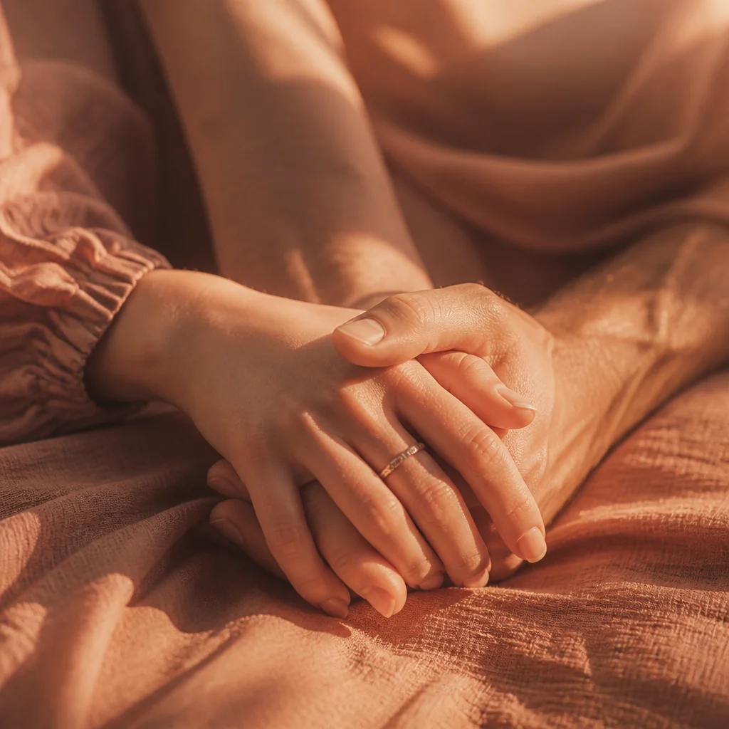 Close-up of intertwined hands representing connection and emotional reassurance between partners