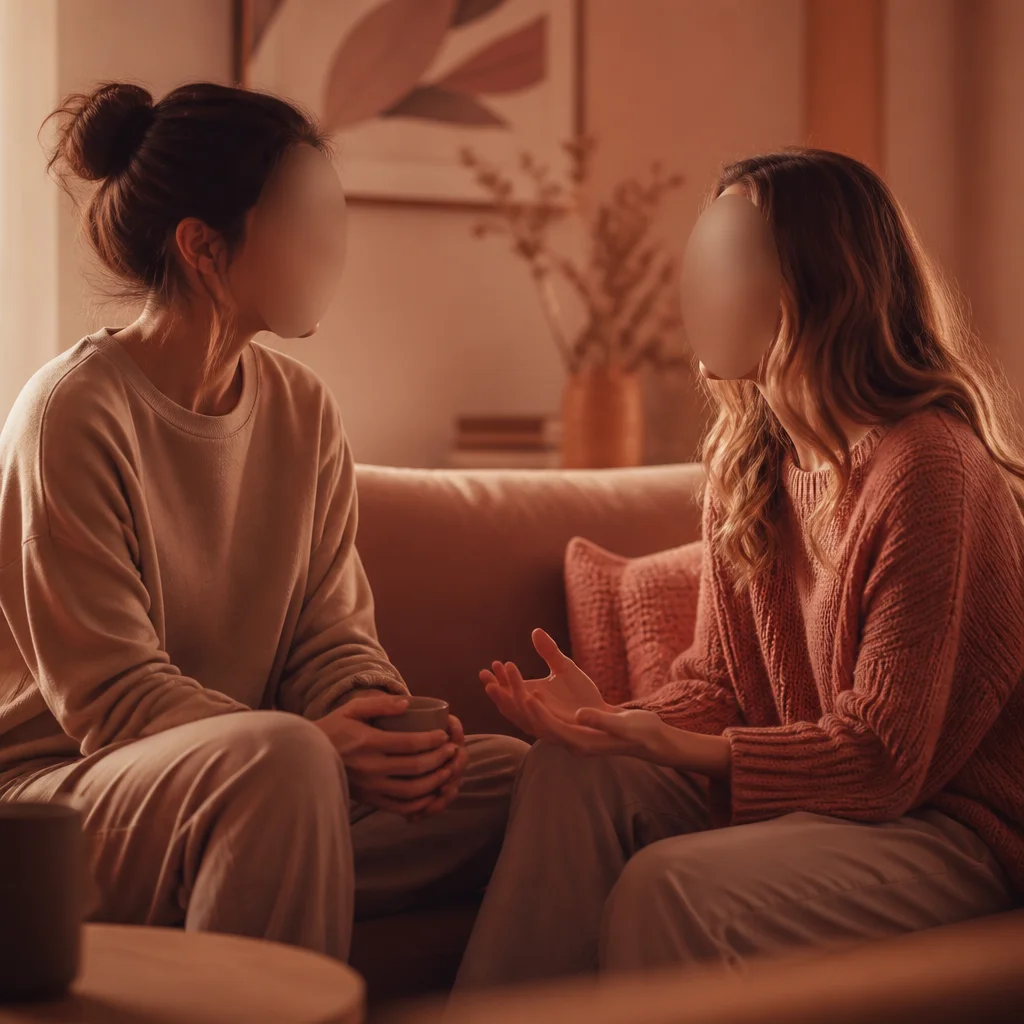 Two people in gentle conversation on couch showing open listening and communication