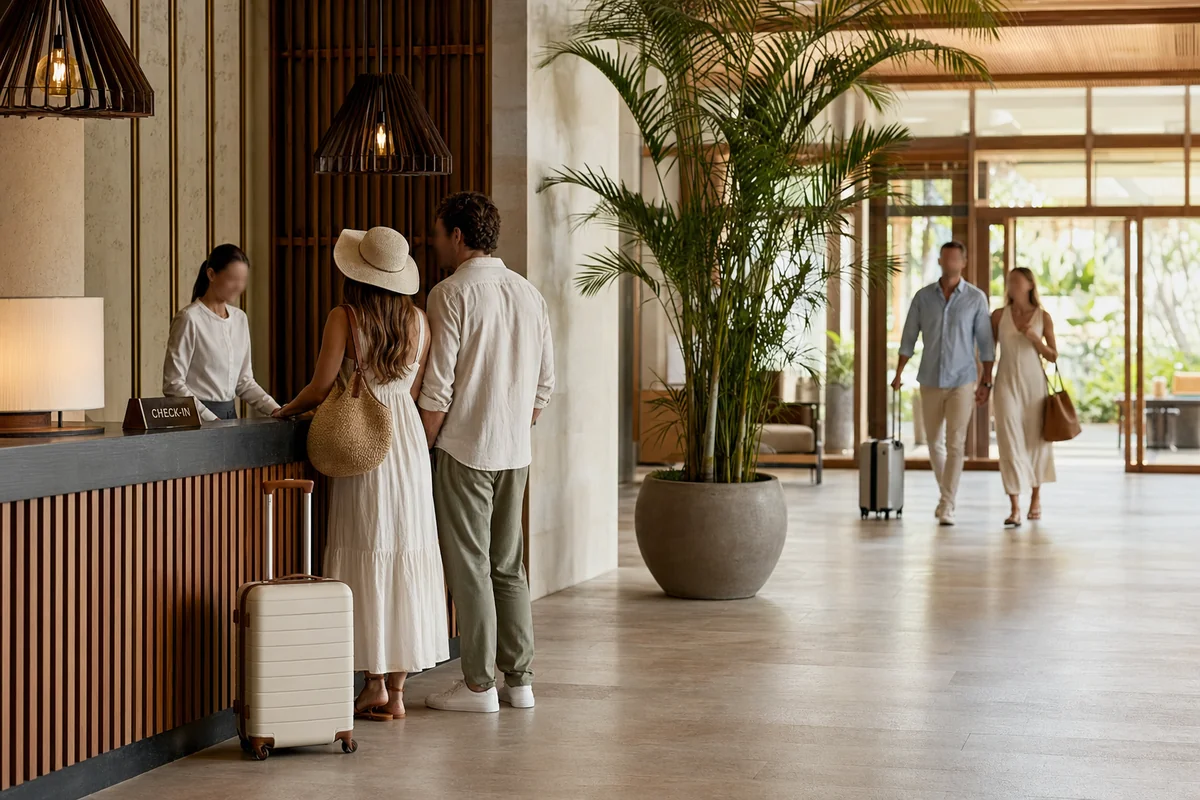 Elegant resort lobby with travelers checking in for a lifestyle vacation