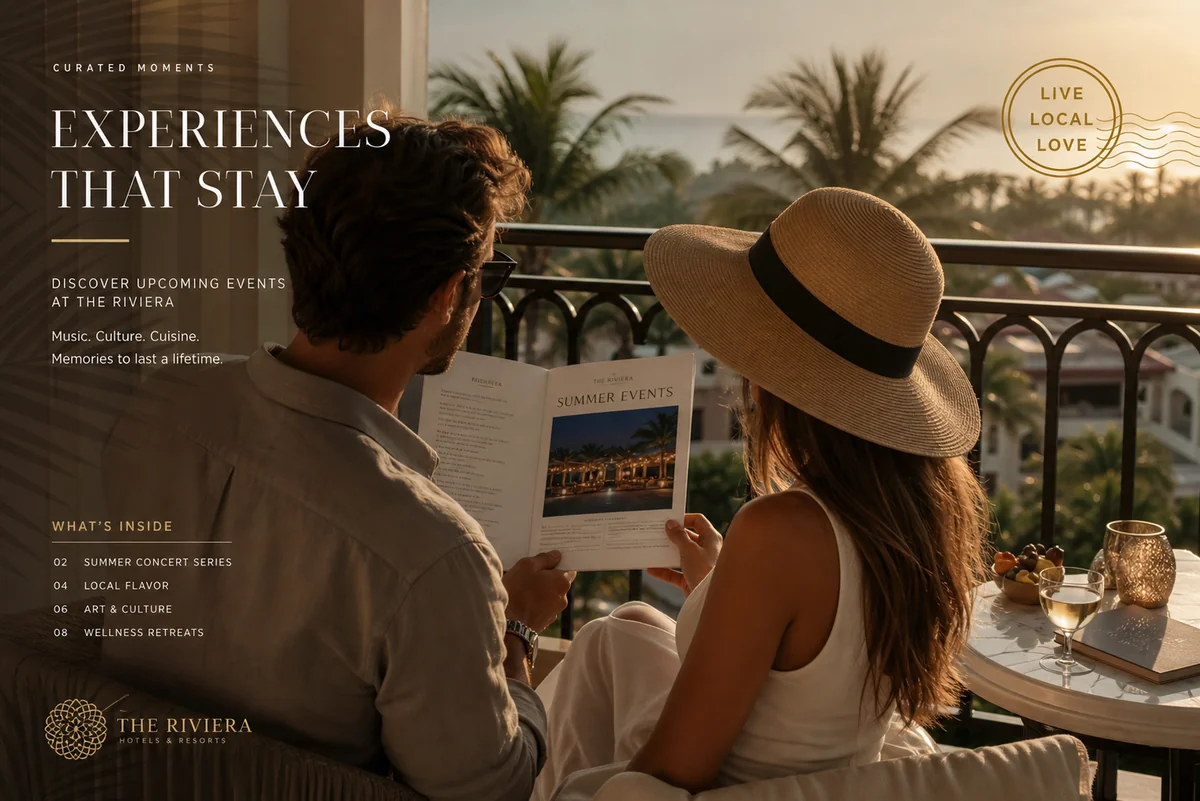 Couple reviewing an event schedule together on a sunny hotel balcony