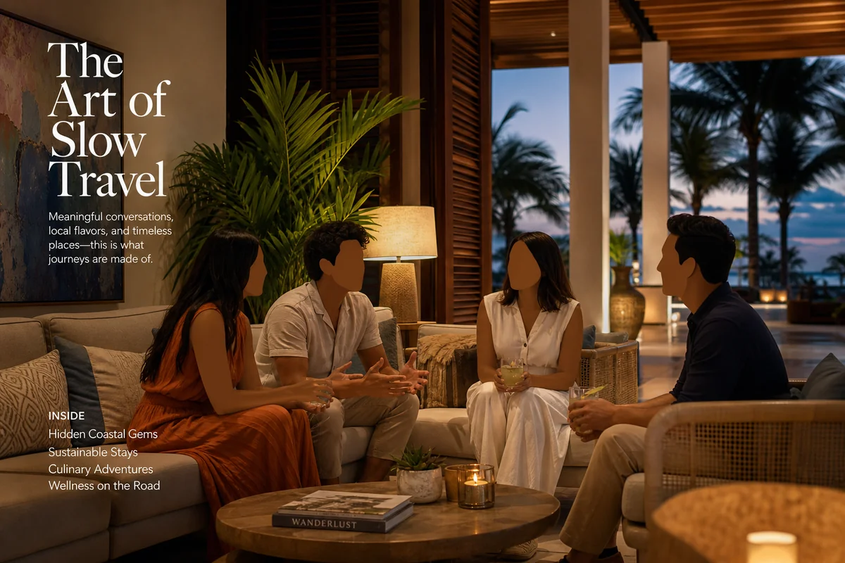 Small group having friendly conversation in a resort lounge area