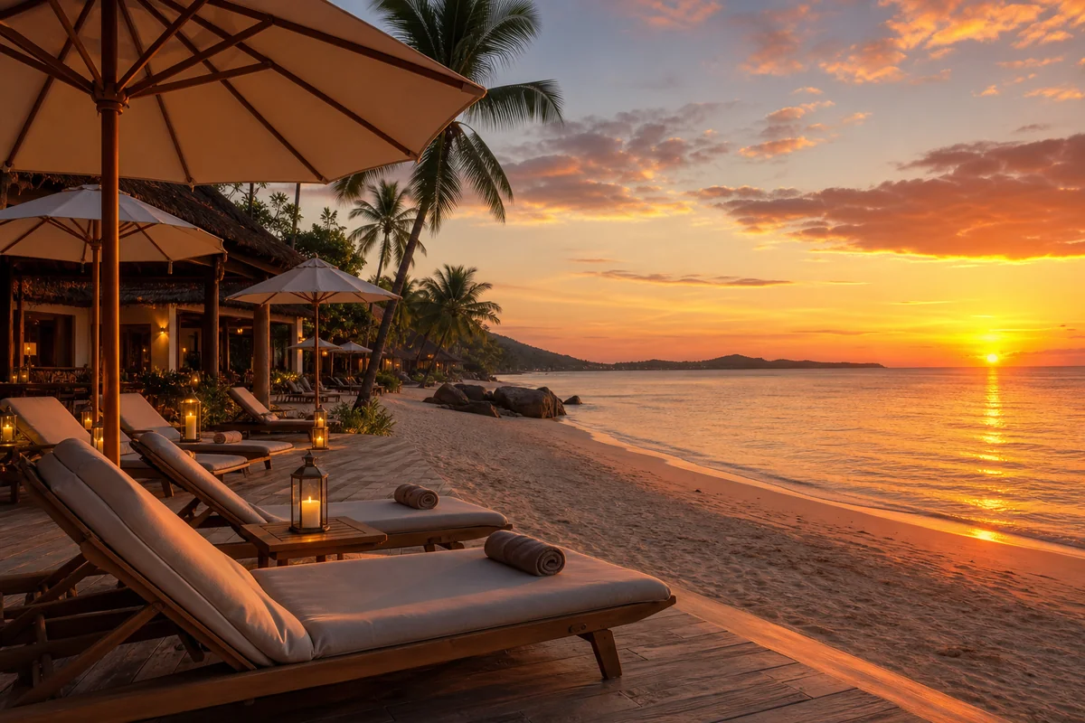 Quiet beachfront loungers at sunset after a full day at a lifestyle resort