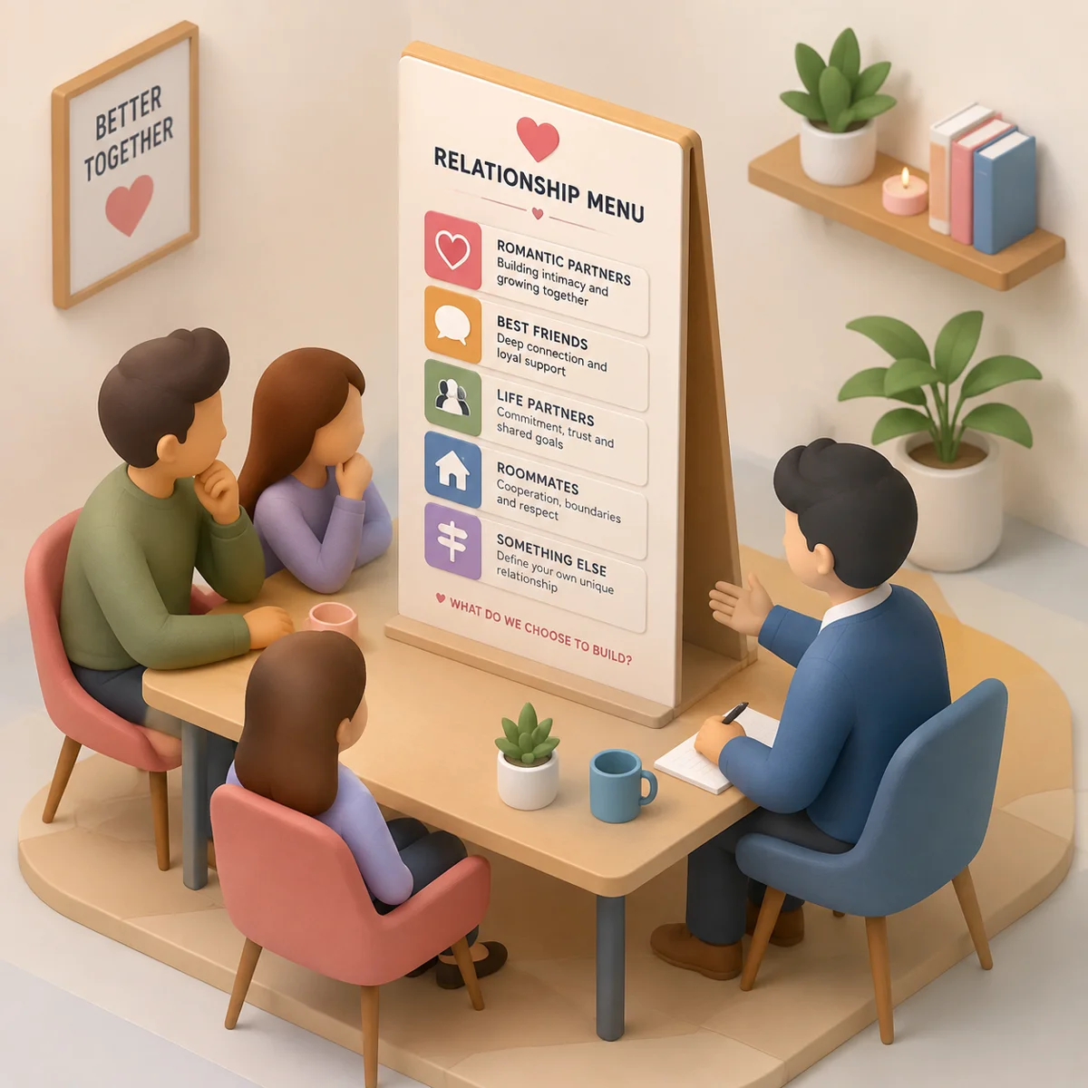 Isometric view of a couple and a third person negotiating a relationship menu together