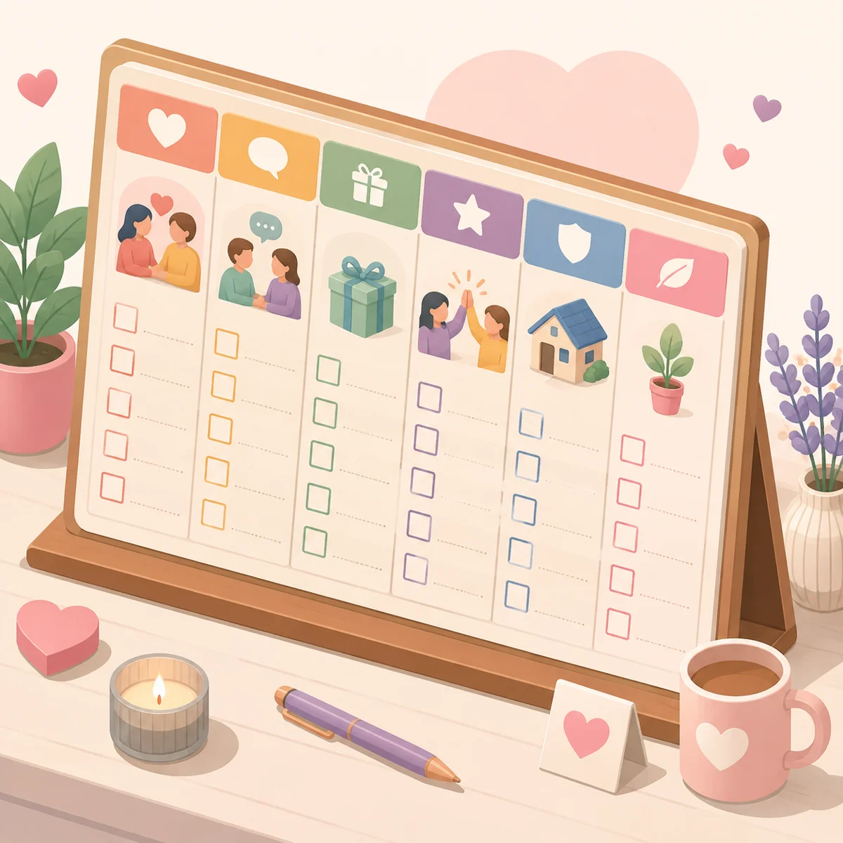Relationship menu board with category columns and empty checkboxes
