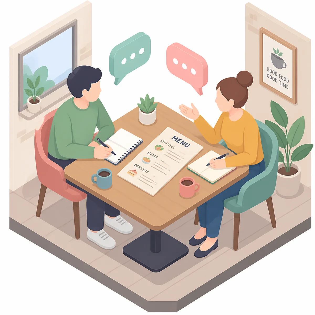 Two people comparing a relationship menu with speech bubbles during ENM negotiation
