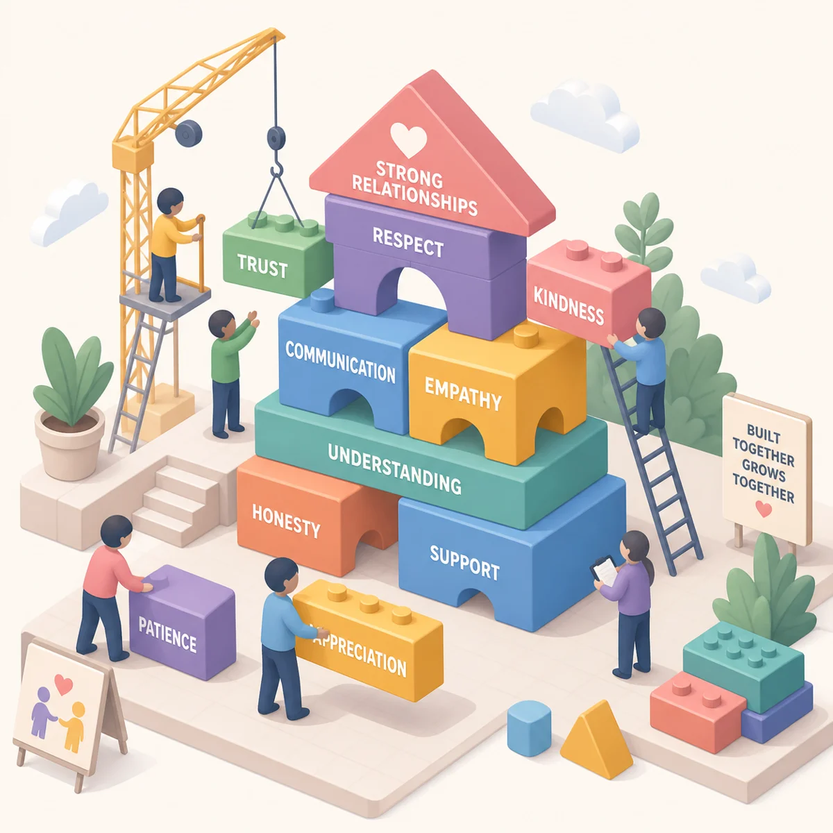 Abstract figures building a custom relationship menu from colorful blocks