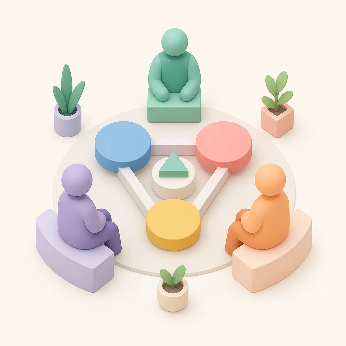 Three figures arranged in balanced relationship menu negotiation